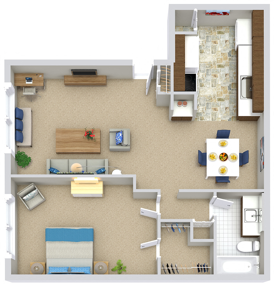 Floor plan for 1 bed, 1 bath, 770 sqft